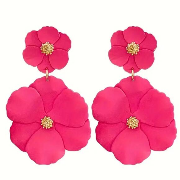 Fuchsia Metal Flower Earrings - Picture 1 of 1